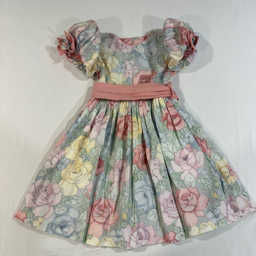 Jayne Copeland Vintage Floral Chintz Dress Girls Size 6 Pink Pastel Puff Sleeve